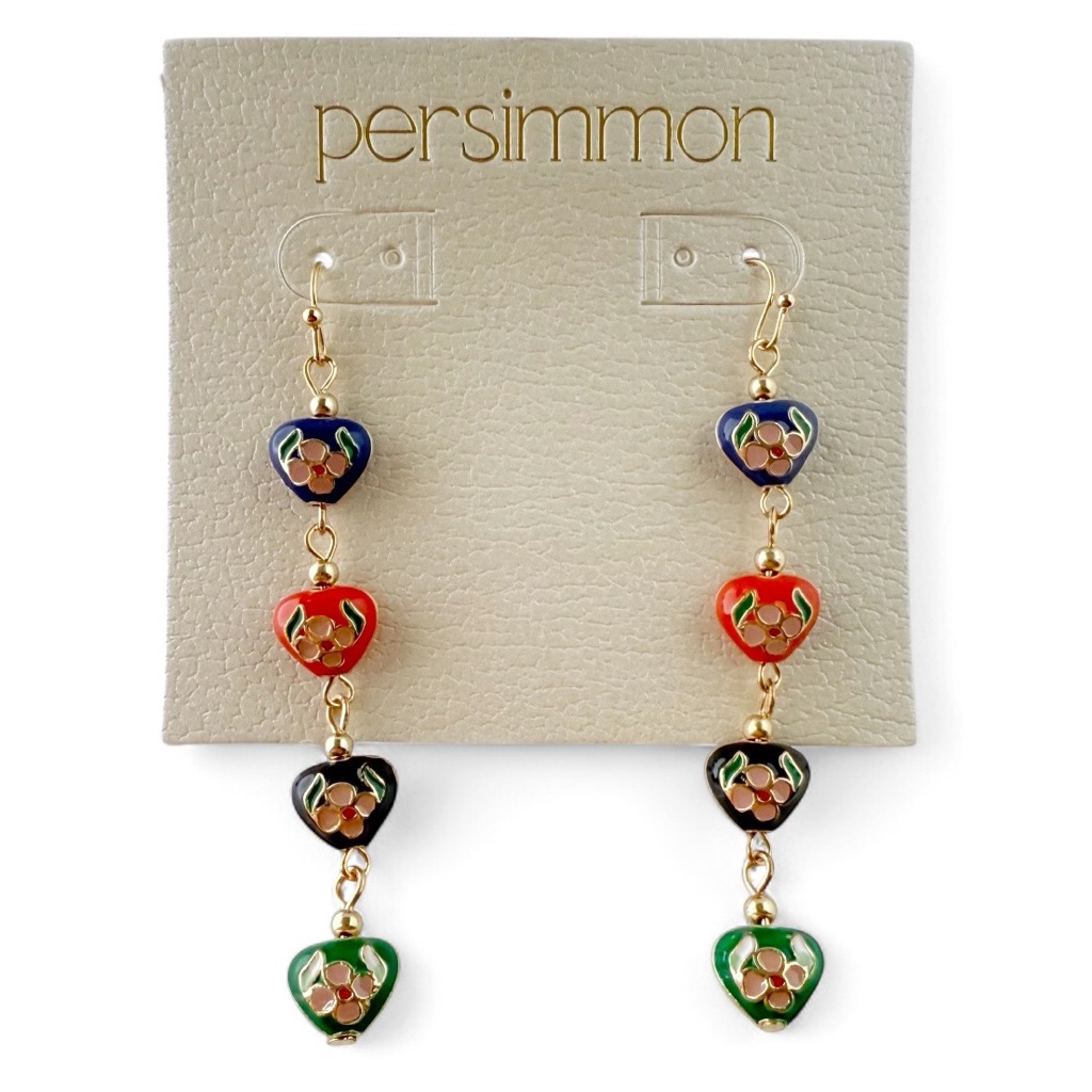 Persimmon Multicolor Cloisonn Enamel Hearts Linear Dangle Earrings New